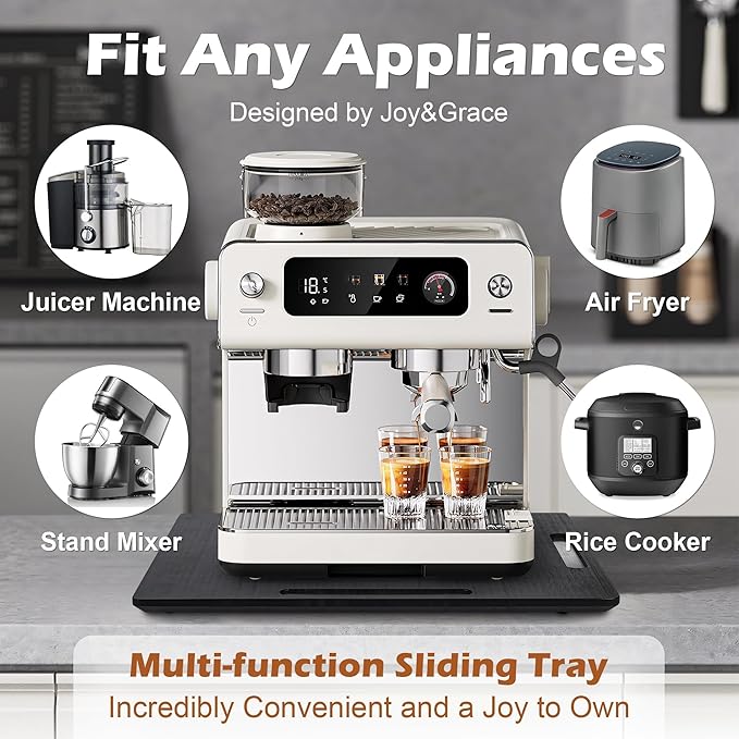 Joy&Grace Appliance Slider for Kitchen Appliances 360° Rolling Sliding Tray for Coffee Maker Countertop, Bamboo Coffee Pot Slider Rolling Tray (Black, Medium 14.5" x 10")