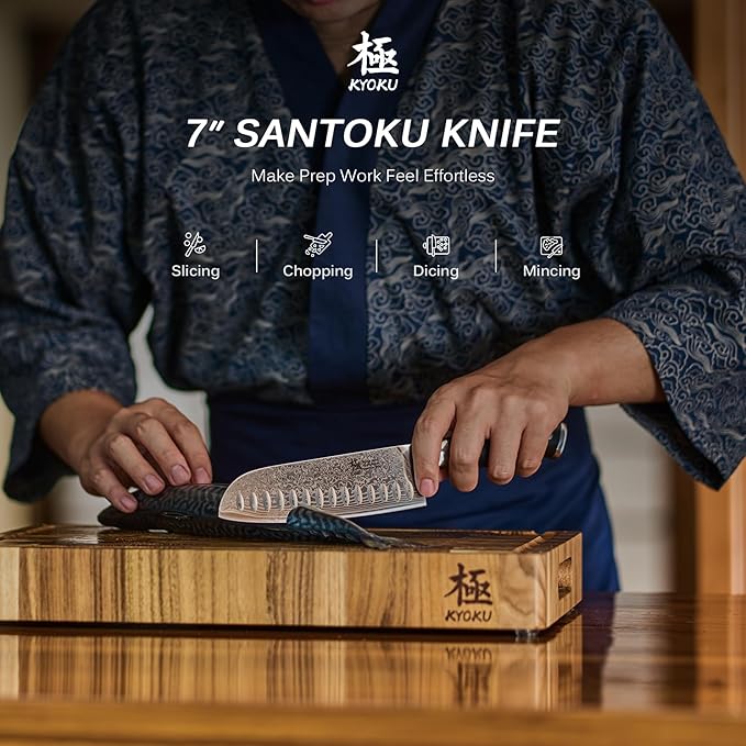 KYOKU Santoku Knife - 7" - Shogun Series - Japanese VG10 Steel Core Forged Damascus Blade - with Sheath & Case