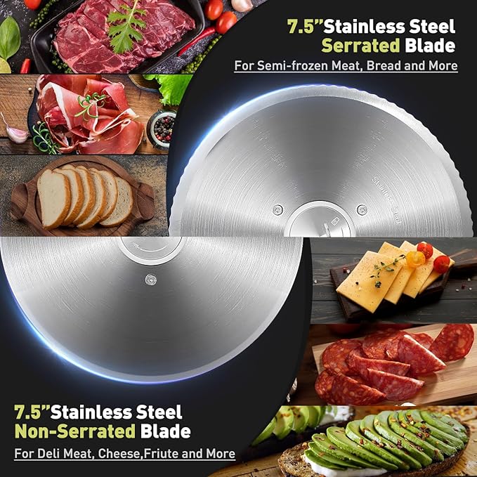 CUSIMAX Electric Meat Slicer for Home,Two 7.5''Stainless Steel Blades,1-20mm Adjustable Thickness,Easy to Cut Various Foods,Removable Food Carriage for Easy Cleaning