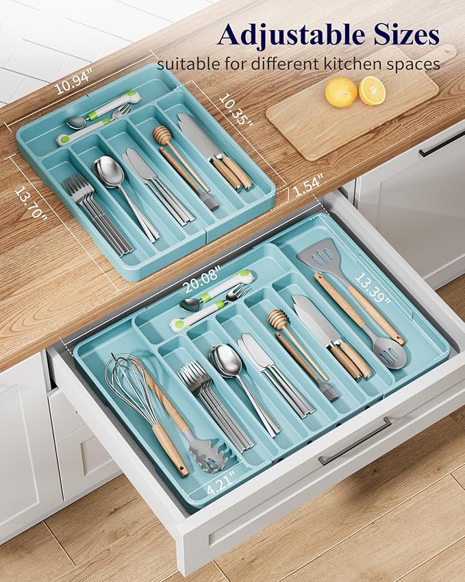Kitsure Cutlery Drawer Organiser for Kitchen - Adjustable Cutlery Tray for Effortless Utensil Sorting, Versatile Kitchen Storage & Organisation Solution, 13.70" x 1.54" x 10.94"~20.08", Blue
