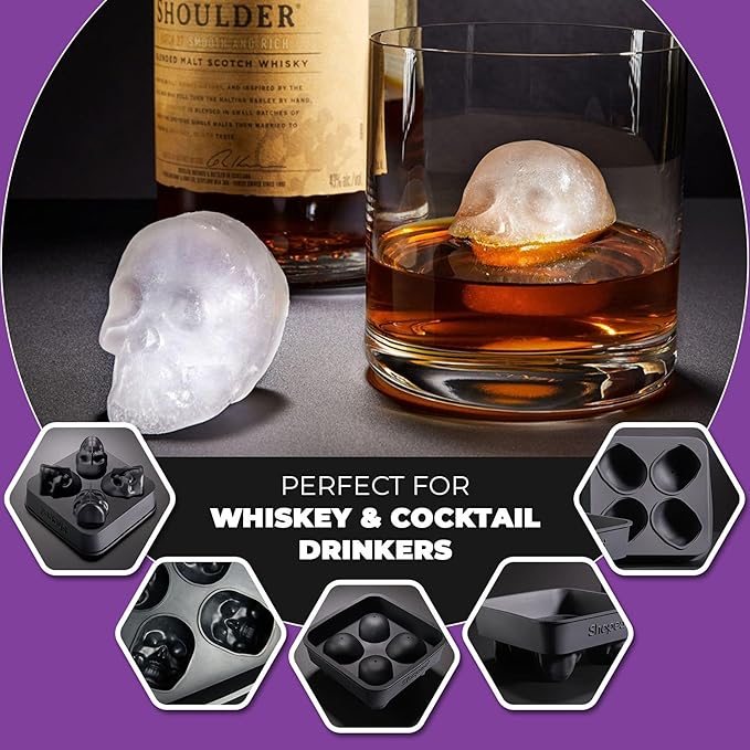 ShapedIceMolds 2-PACK 3D Large Skull Ice Cube Mold Tray, Round Whiskey Ice Mold with Lid for Whiskey Drinkers, Bartenders, Gift Exchanges, Home Bar Enthusiasts and Holiday Gifts