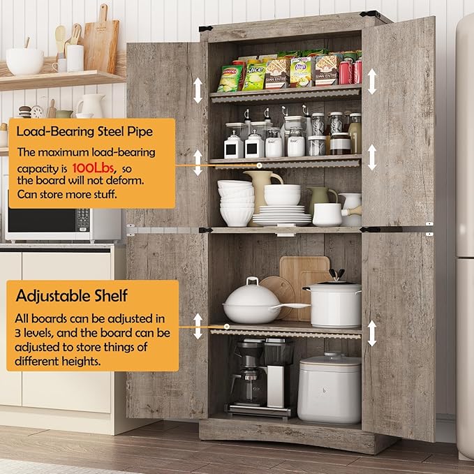 71in Farmhouse Kitchen Pantry Cabinet,Tall Storage Cabinet with 4 Doors and Adjustable shelves,with Load-Bearing Steel Pipe,Wood Storage Cabinets for Kitchen,Dining Room,Bathroom(Light Rustic Oak)