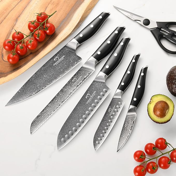 Damascus Knife Set with Block for Kitchen, VG10 Damascus Steel Kitchen Knife Set with Triple Rivet Handle, Chef Knife Set with Shears & Wooden Block, 7PCS