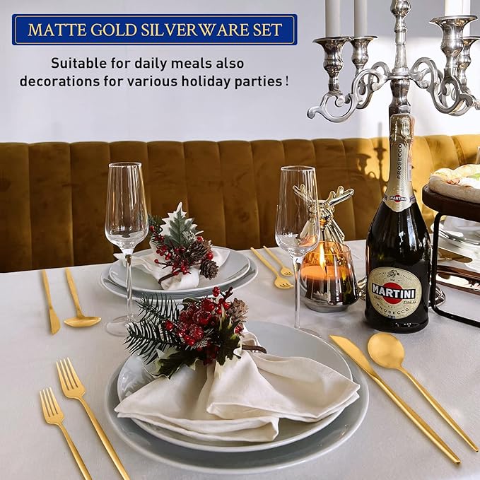 Gold Silverware Set, Stainless Steel Flatware Set for 6, 30-Pieces Cutlery Tableware set Include Spoons And Forks Set, Matte Gold Utensil Set, Stain Finish, Dishwasher Safe.