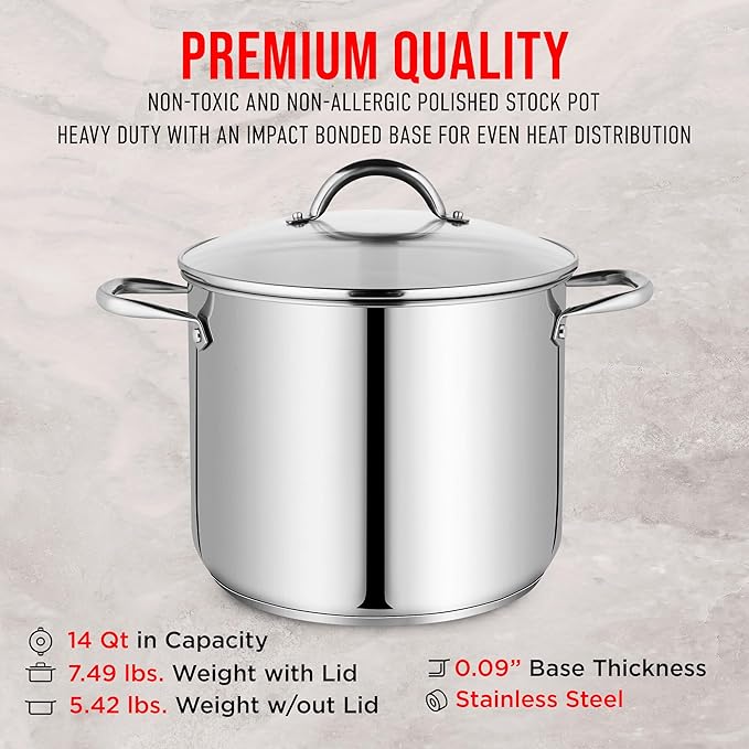 Stainless Steel Stockpot with Tempered Glass Lid 14 Quart, Durable 18/0 Stainless Steel, Impact-Bonded Base for Even Heating, Riveted Handles, Oven & All Stove Compatible, Safe Up To 500°F (260°C)