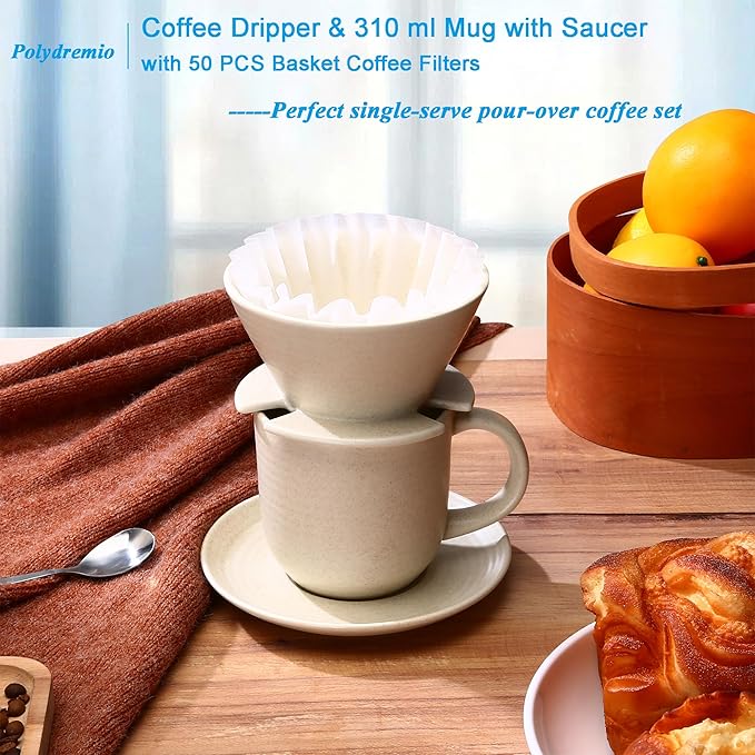Pour Over Coffee Maker, with 50 PCS Basket Coffee Filters, 310 ml/10 oz Mug with Saucer & Coffee Dripper, Ceramic, Off-white