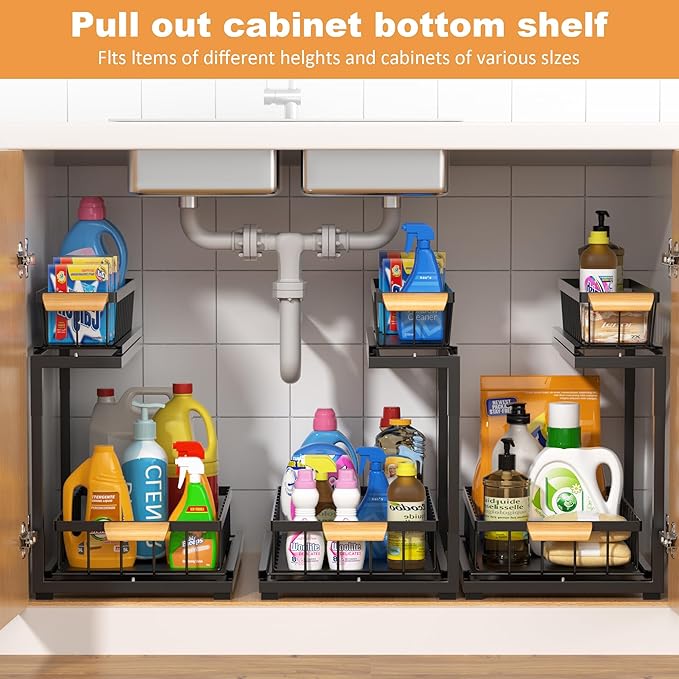 Under Sink Organizer, 2 Tier Under Sink Organizers and Storage, Slide Out Pull Out Cabinet Organizer Shelf, Metal Sliding Drawer for Kitchen Bathroom Pantry Cabinet Closet Organization Rack