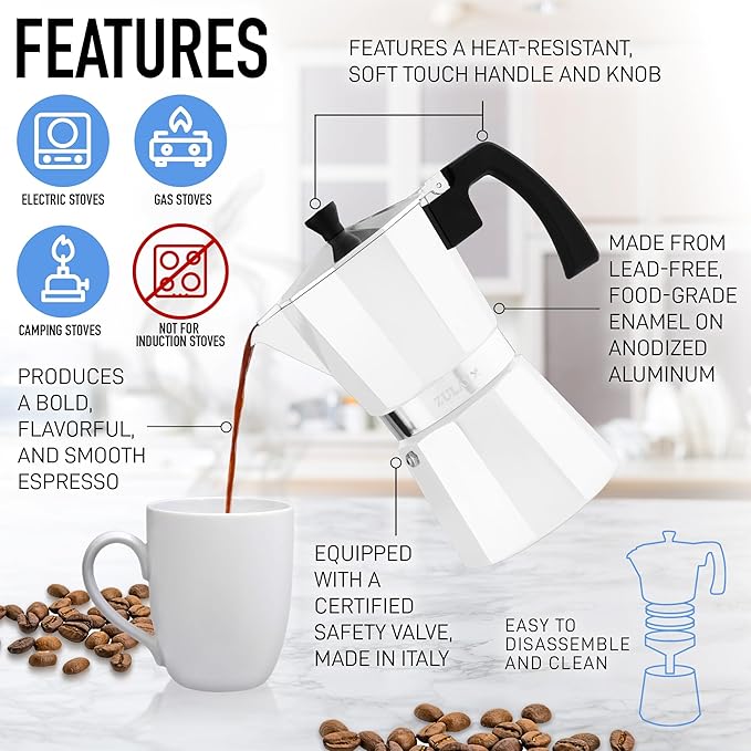 Zulay Moka Pot Espresso Stovetop Coffee Maker - Leak-Proof, Stainless Steel, Easy to Clean, Heat Resistant Handle & Knob - for Authentic Cuban & Italian Style Espresso - Makes 3 Espresso Cups - White