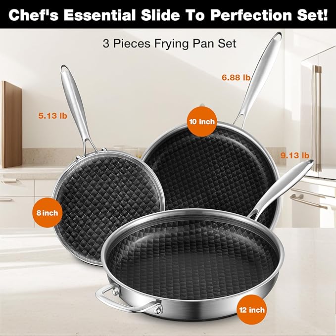 8-10 Inch Non Stick Frying Pans, Ceramic Coating NonStick Stainless Steel Pan Set, Tri-Ply Skillets and Pan Set with Lid, Cool-Touch Handle, Dishwasher and Oven Safe