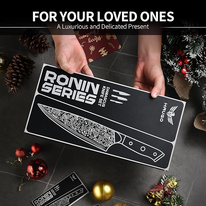 Damascus Knife Set - Haugo 3 PCS Professional Chef Knife Set with Japanese VG10 Steel Core - Ultra Sharp Kitchen Knives and Full Tang G10 Handle - Ronin Series - Gift Box
