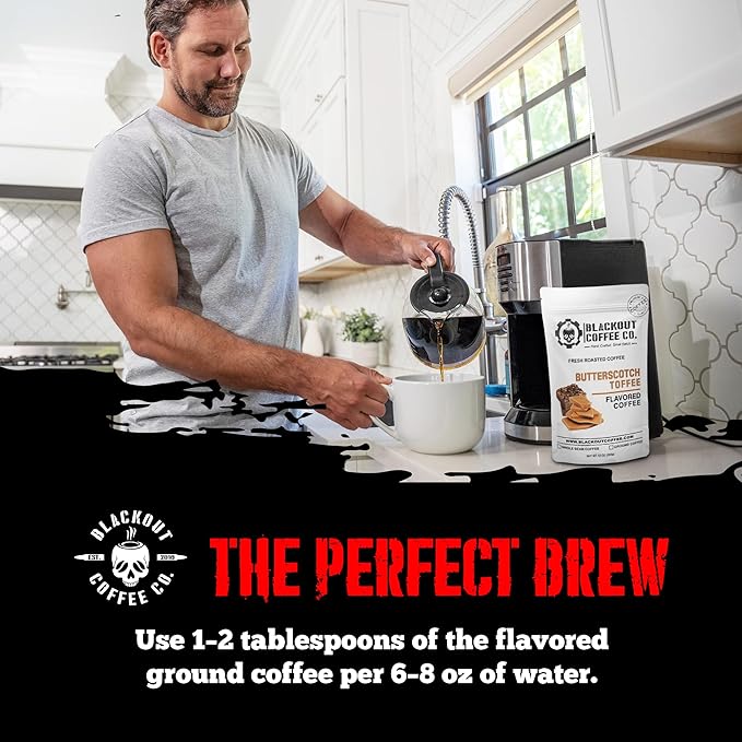 Blackout Coffee Butterscotch Toffee Flavored Ground Coffee – Medium Roast, Smooth Taste, Guilt-Free Indulgence – Freshly Roasted 12oz Pouch, American Made