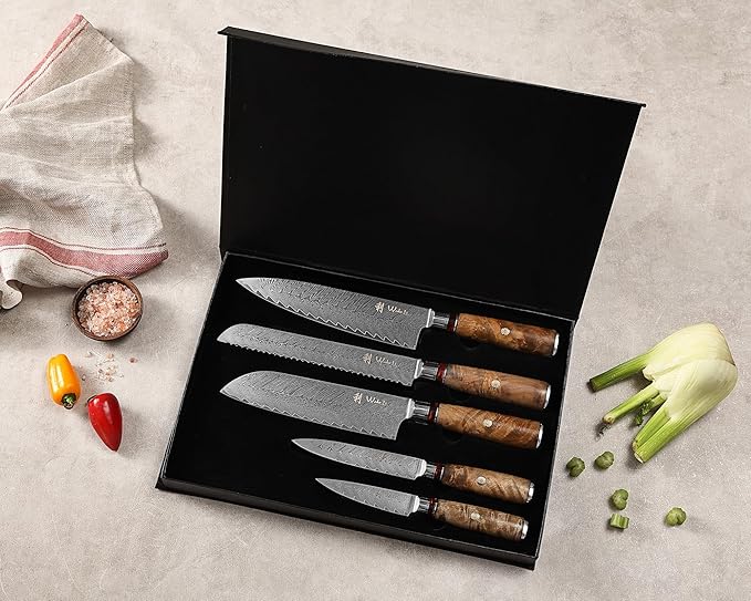 Wakoli Damascus Chef Knife Set with Magnetic Block – 5-Piece Professional Kitchen Knife Collection | Genuine 67-Layer Damascus Steel Blades with VG10 Core | Ergonomic Sycamore Wood Handles