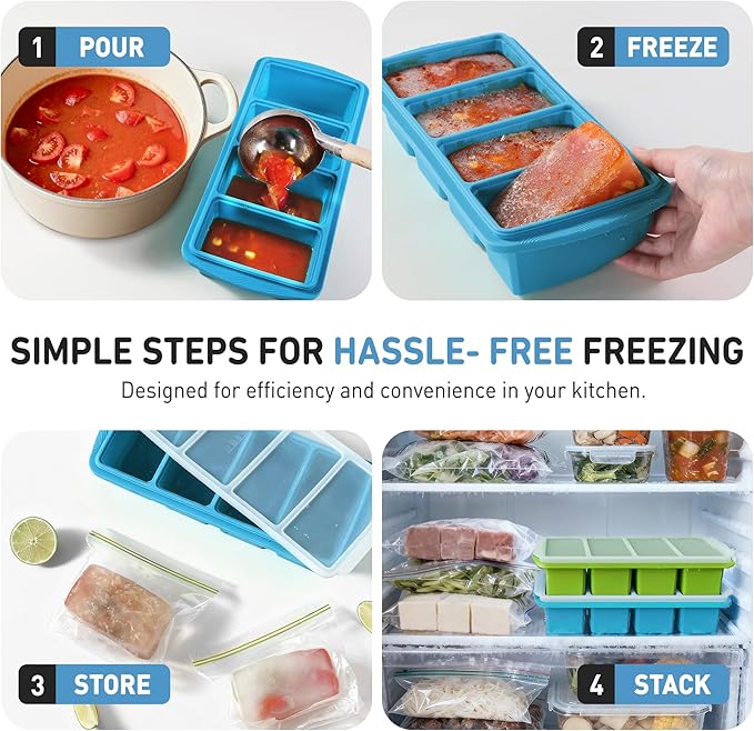 Silicone Freezer Tray with Lid Soup Freezer Container Molds with Steel Reinforced Rim Large Ice Cube Tray Makes 8 Perfect 1 Cup Portions Cubes Storage Food silicone Ice Cube Molds Housewarming Gifts