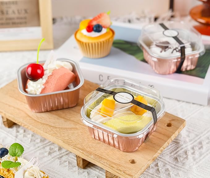 50 Pack Mini Cake Pans with Lids and Spoons Aluminum Foil Pans Square Cake Tins for Bakery Party Wedding (Champagne Color,5 oz)