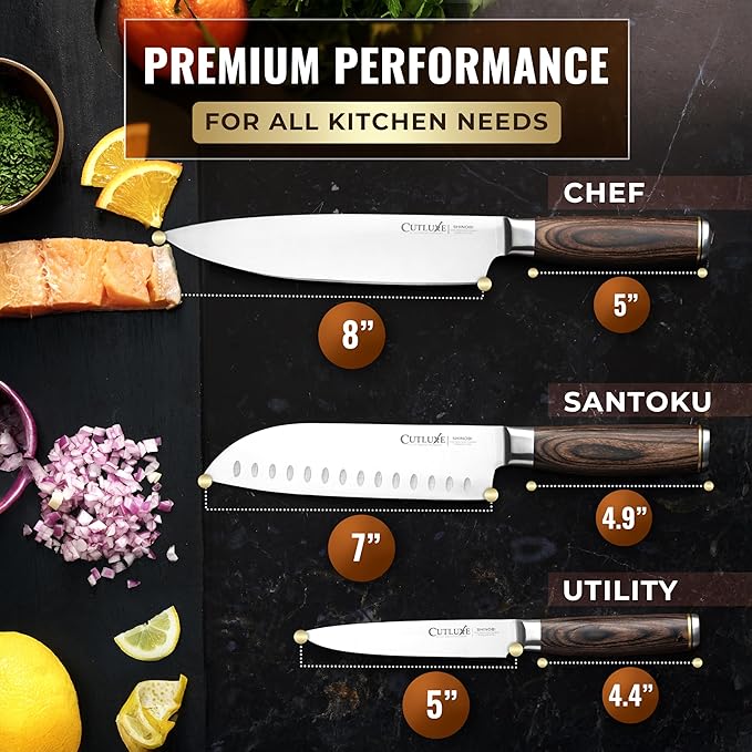 Cutluxe 3-Piece Chef Knife Set – Ultra Sharp Japanese Kitchen Knives, High Carbon Stainless Steel Blades, Full Tang Pakkawood Handles – Shinobi Series