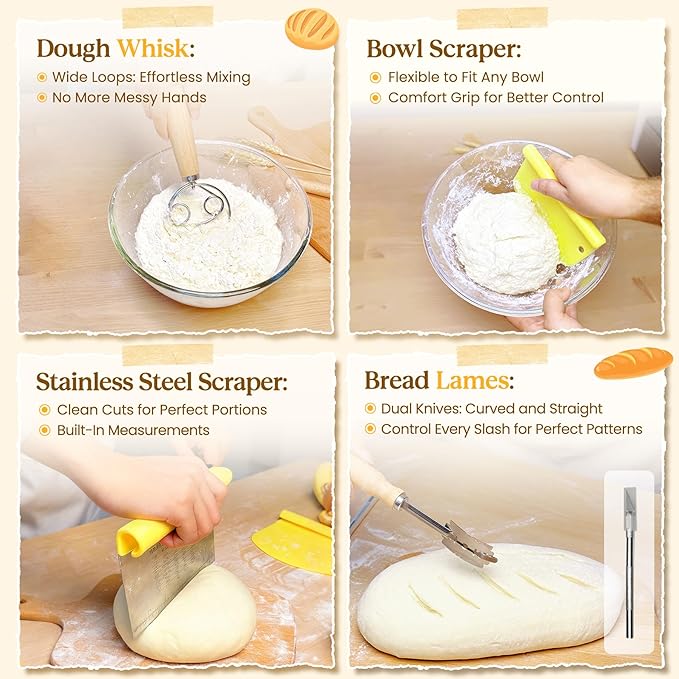 Sourdough Starter Kit with Cotton Rope Banneton Basket & Jar, Bread Baking Supplies and Tools Set, Complete Sourdough Bread Making Kit, Baking Gift for Women Moms & Beginners