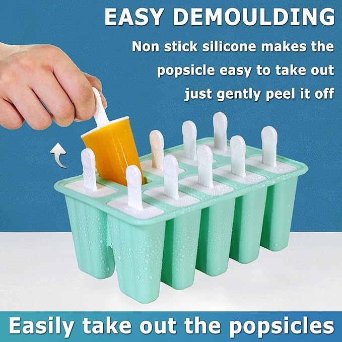 Silicone Popsicle Molds 10-cavity, DIY Ice Pop Mold for Kids Adult Teens, BPA Free Ice Cream Molds for Party Yogurt Juice Smoothies Sticks