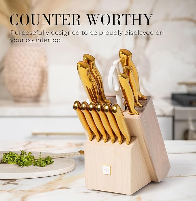 Gold Knife Set for Kitchen with Block and Sharpener – 14-Piece Razor Sharp Titanium Gold Knives with Ashwood Block and Built-In Sharpener – Stylish Kitchen Accessories for Cooking and Prep