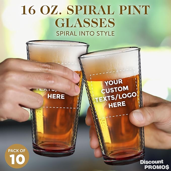 Custom Spiral Pint Glass 16 oz. Set of 10, Personalized Bulk Pack - Beer Glasses, Heavy Duty Drinkware - Red