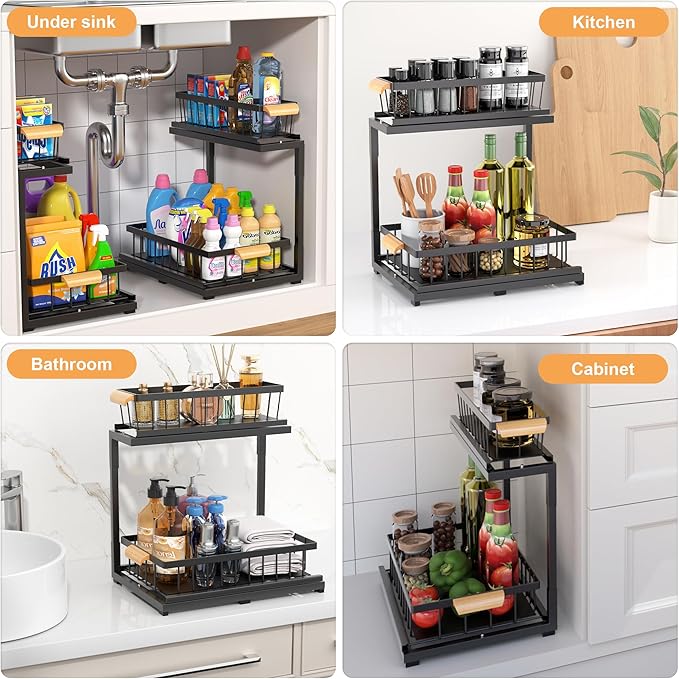 Under Sink Organizer, 2-Tier Metal Pull Out Cabinet Organizer Shelf Kitchen Bathroom Organizers and Storage with Sliding Drawer Undersink Pantry Cabinet Closet