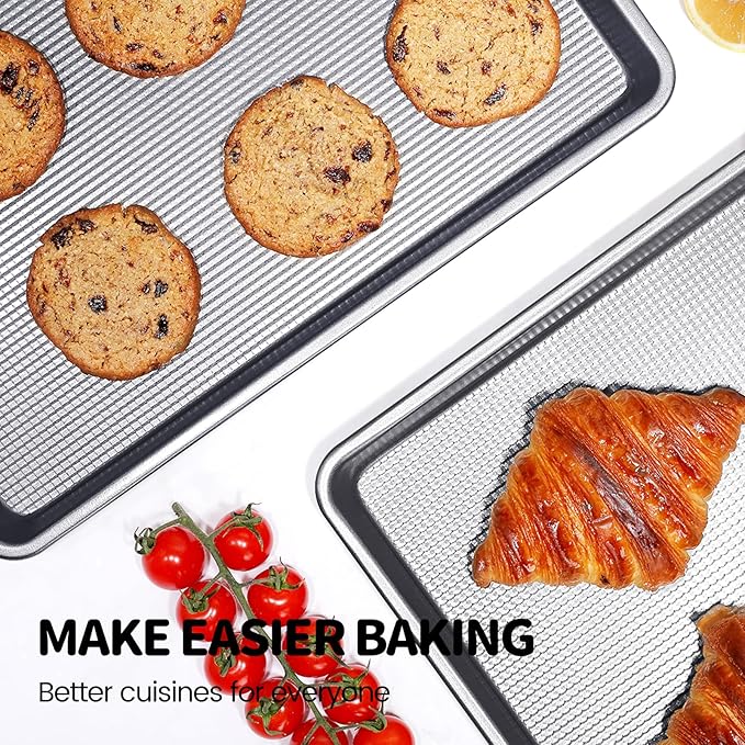 Vinino Baking Sheet Set of 3, Cookie Sheets For Baking with Square Texture Pattern, Thicker Carbon Steel Non-stick Baking Pan Half/Quarter/Jelly Roll Pans Tray for Oven-Grey