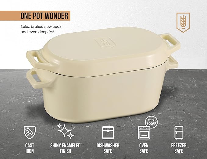 KooK Dutch Oven, for Bread Baking, Sourdough Loaf Pan, with Lid, Dual Handles, Enameled Cast Iron, includes Lid Lever, Dishwasher Safe, 3.4 Qt, Ivory