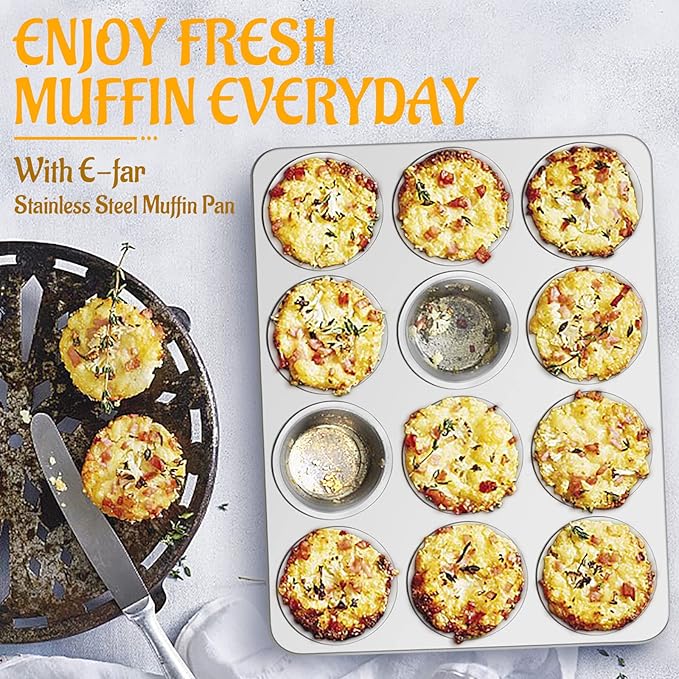 E-far Stainless Steel Muffin Pan Set of 6, 12 Cups Cupcake Pans Tins for Baking, Non-Toxic Metal Muffin Tray Molds for Small Mini Cupcake, Heavy Duty & Regular Size, Rust Free & Dishwasher Safe