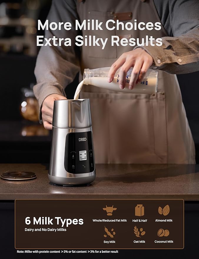 Dreo Milk Frother [Upgraded], All-in-1 Electric Foam Maker for Coffee, 15oz/450ml Automatic Foam Frother for Latte Art-level Microfoam, 30+ Drinks, Easy to Clean, Dishwasher Safe, LED display