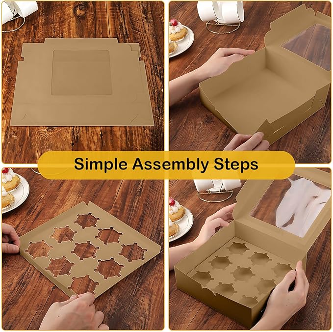 9-Count Brown Cupcake Boxes with Window and Insert, 9x9x3 Inch, 16 Pack, Suitable for Cupcakes, Muffins, and Cookies