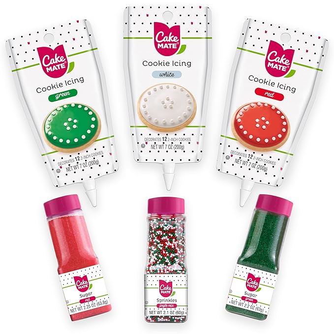 Cake Mate Christmas Decorating Kit – Red & Green Decorating Sugar (2.25 oz), White, Red & Green Cookie Icing Pouches (7 oz), Jingle Mix Non Pareil (2.1 oz) – Holiday Cookie, Cake, Cupcake & Dessert