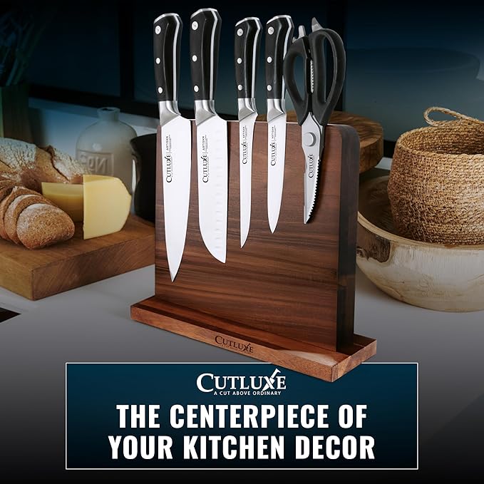 Cutluxe Magnetic Knife Holder – Magnetic Knife Block, Acacia Wood Knife Stand for Kitchen Counter, Slim & Double Sided, Powerful Magnet Strips, Organized Storage Rack & Modern Display Board