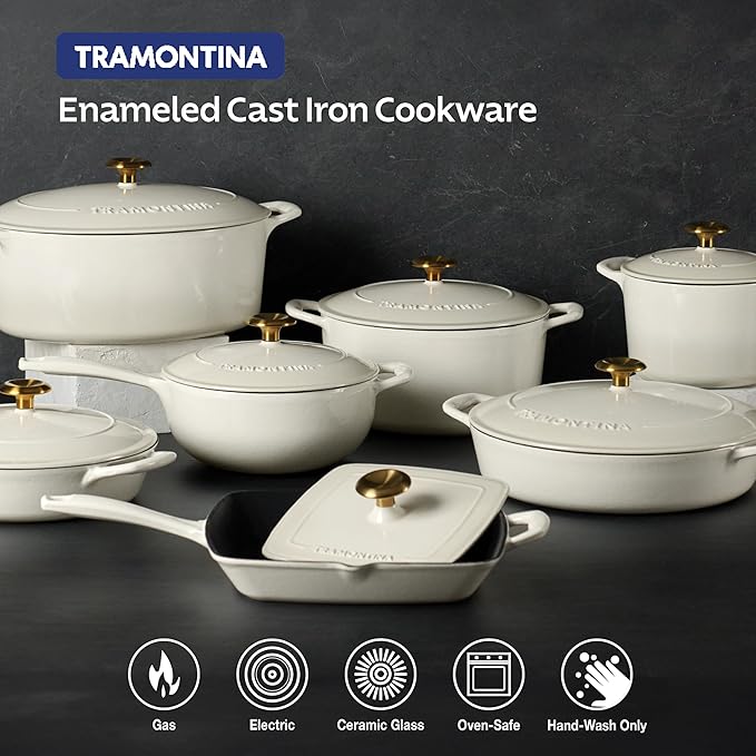 Tramontina Bestow Enameled Cast Iron Braiser Pan with Lid, 4-quart, Latte with Gold Knob