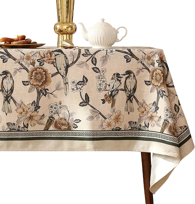ISAENNE Designer Vintage Linen Long Rectangle Tablecloth,Floral and Bird Pattern Elegant Table Cloth,Fall Wrinkle Resistant Decor Tablecloths for Dining Kitchen Christmas,63"*94"-Murad A