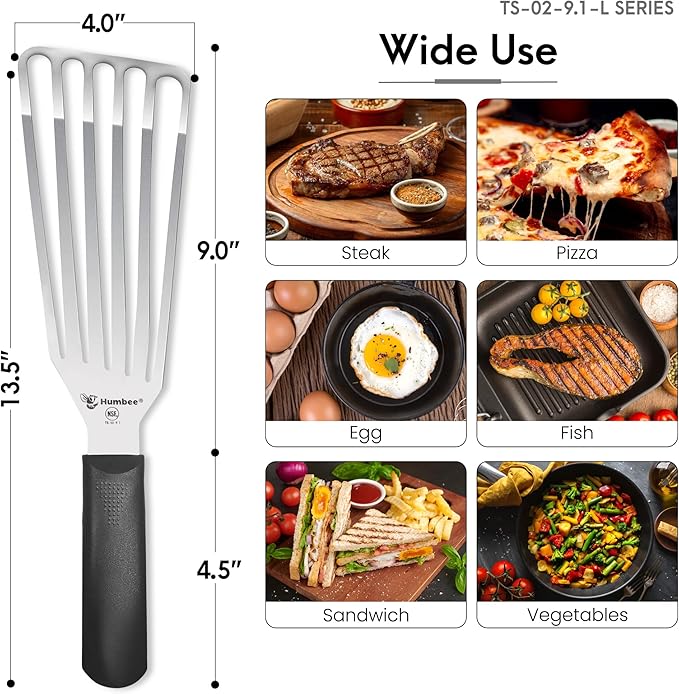 9 Inches Fish Turner, Slotted Fish Spatula Dishwasher Safe NSF (Left Hand), Shovel Black