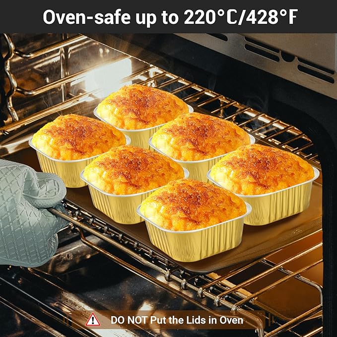 EUSOAR Baking Cups Aluminum Foil, 10oz 50pcs Reusable Disposable Ramekins Cupcake Cups with Lids, 300ml Square Muffin Liners, Desserts Flans, Creme Brulee Cups, Pudding Cups, Catering Party Favor-Gold