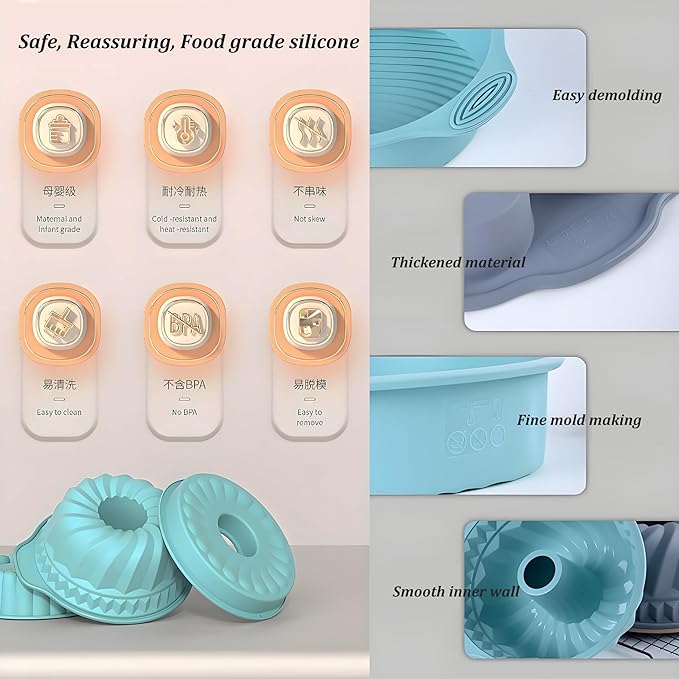 Thickened Silicone Bundt Cake Pan and Moldes Para Gelatinas, Heavy Duty Cake Mold for Baking, BPA Free, Mint Green (Pudding Jelly 12-Cups / 1Pcs) ﻿