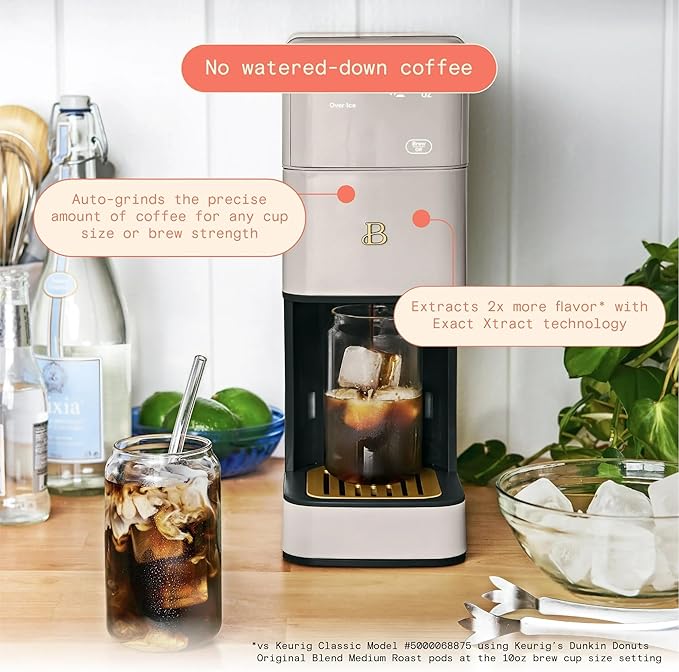 Beautiful Perfect Grind Programmable Single Serve Coffee Maker with Touch Display and Integrated Burr Grinder, Auto Coffee Strength Selection, 64oz Water Reservoir (Porcini Taupe)