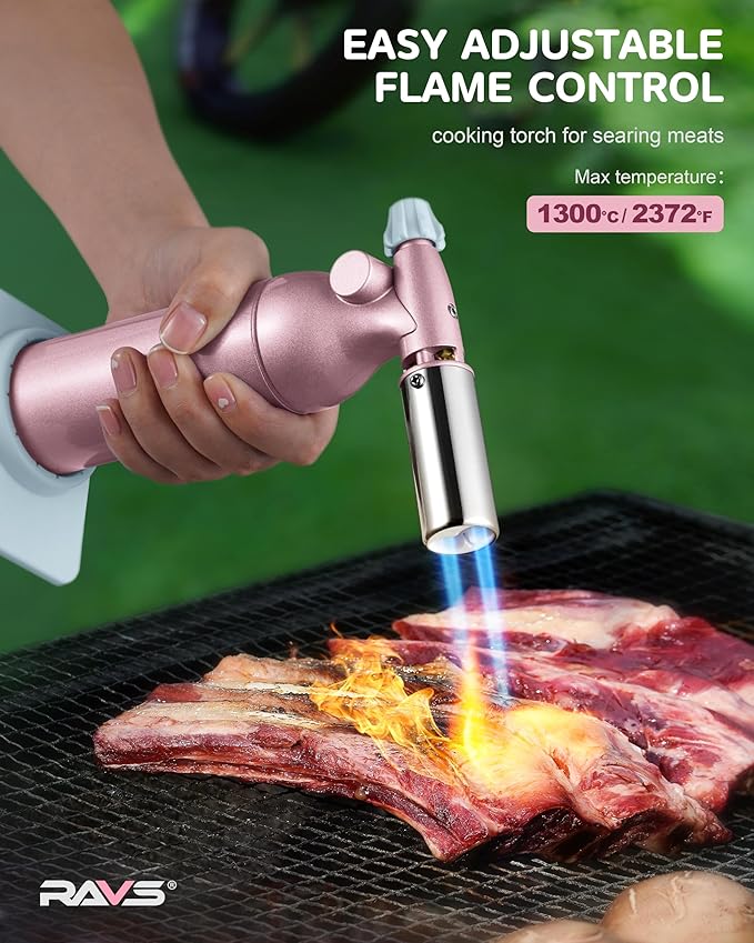 RAVS Refillable Double Flame Butane Torch, Creme Brulee Torch with Adjustable Flame, 20G Large Capacity Culinary Torch for Soldering, BBQ, Baking, DIY, Unique Gifts for Women, Butane Fuel Not Included