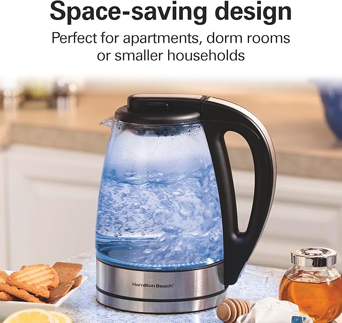 Hamilton Beach Glass Electric Tea Kettle, Water Boiler & Heater, 1 Liter, 1500 Watts for Fast Boiling, BPA Free, Cordless Serving, Auto-Shutoff & Boil-Dry Protection, Soft Blue LED (40930)