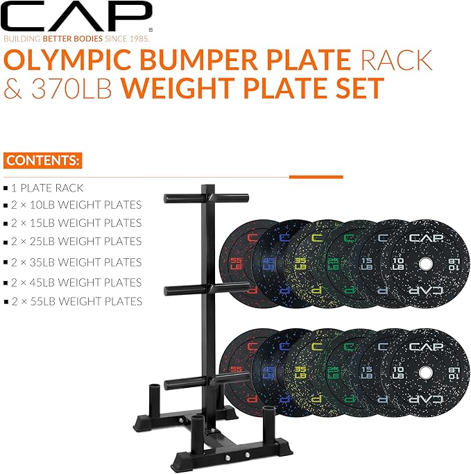 CAP Barbell 2-Inch Olympic Bumper Plate Weight Set with 6 Post Rack | 100-370 lbs | Multiple Options