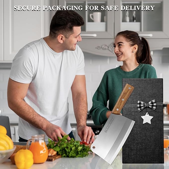 KOFERY 7.3-inch Chinese Bone Cleaver - Heavy Duty Butcher Knife Meat Chopper with Nature Wooden Handle, Perfect for Home Kitchen Use