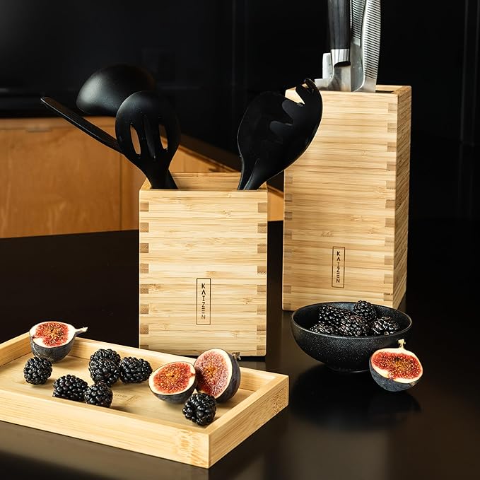 KAIZEN Bamboo Knife Block Without Knives - Perfectly Sized Universal Knife Holder for Knives, Scissors - Unique Knife Storage for Counter Top with Anti-Slip Base (Natural Wood)