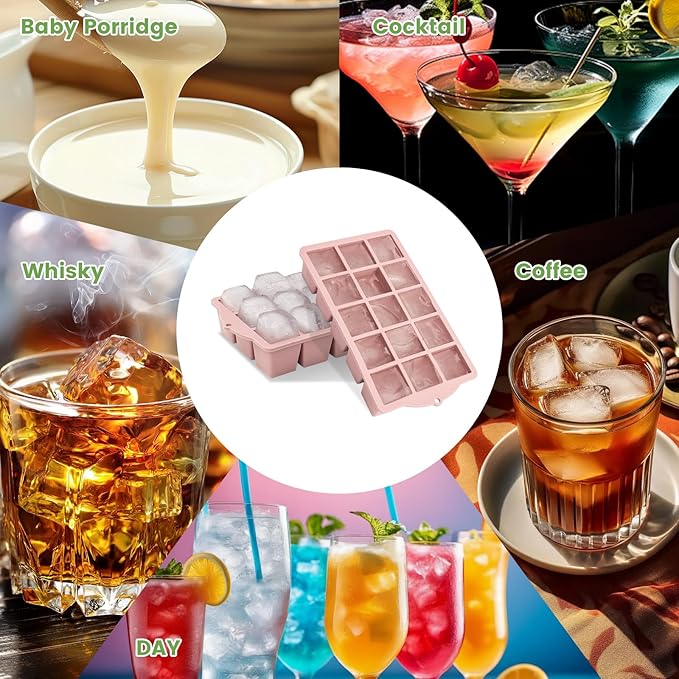 FANYITY Silicone Ice Cube Trays 2-Pack with Locks lids,Easy Release Ice Molds for Freezer,Perfect for Cocktails, Whiskey, Coffee