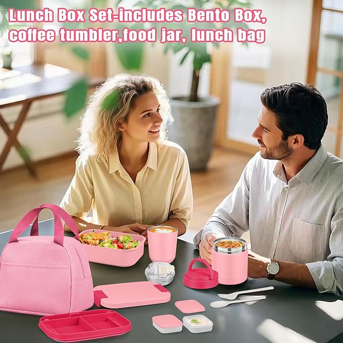 Large Bento Lunch Box Set for Adults Kids Women with 10.5oz Soup Thermo,Coffee Tumblers Men Girls Boys Teenagers Leak-Proof Lunch Food Containers with Lunch Bag
