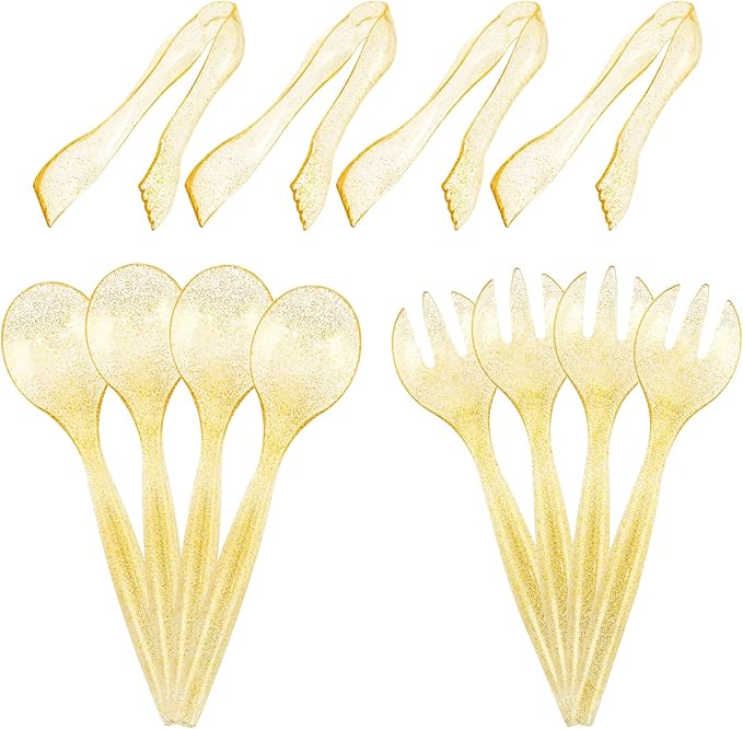 Supernal 72 pcs Plastic Serving Utensils, Gold Plastic Silverware, 24 Serving Spoons 10",24 Serving Forks 10",24 Tongs 6.3", Perfect for Birthday,Party,Wedding