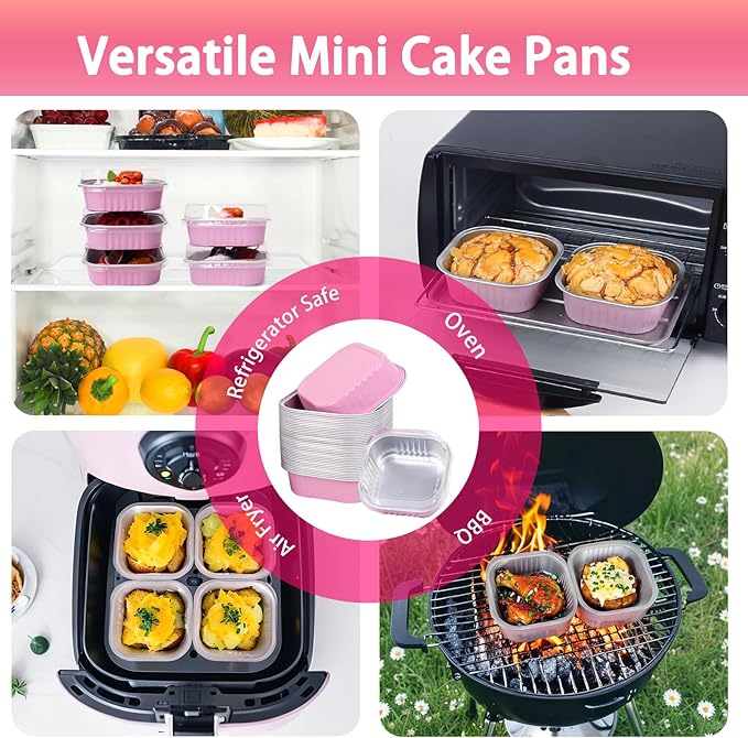 FORBFAN 150 Pcs Square Mini Cake Pans with Lids, 8 oz Individual Mini Loaf Pans, Pink Aluminum Foil Cupcake Baking Cups