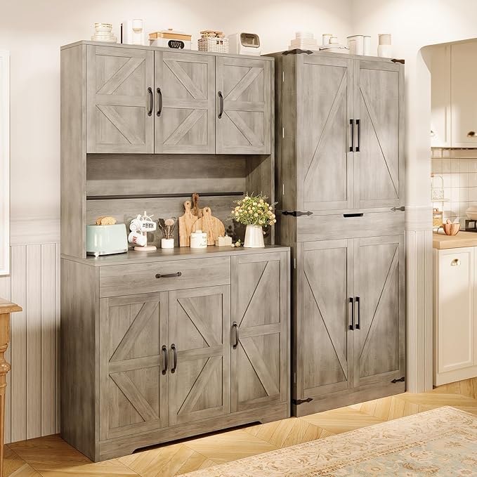 71" Kitchen Pantry Cabinet with Charging Station, Buffet Sideboard for Coffee Maker & Toaster, Storage Cabinet for Snacks, Spices & Wine, Fits Kitchen, Dining Room & Coffee Bar，Grey