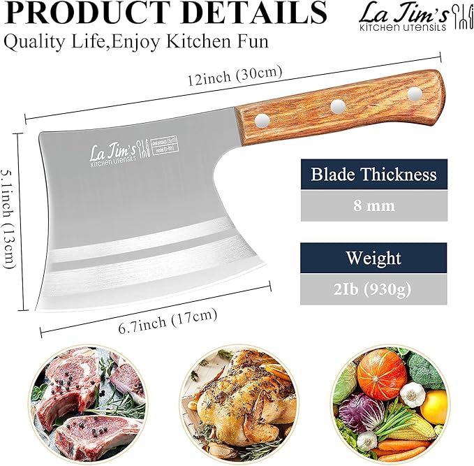 LA TIM'S Meat Cleaver Knife, 2 lb Heavy Duty Cleaver with Hand Forged High Carbon Steel, Butcher Knife for Chopping Bones, Solid Wood Handle