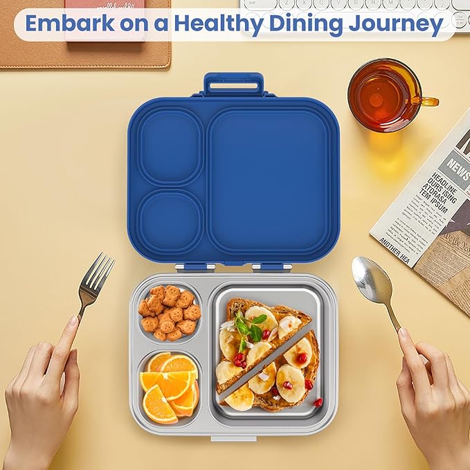 Stainless Steel Bento Lunch Box for Kids | 3-Compartment Lunch Box Container Kids | 100% Leakproof, Eco-Friendly, Perfect Portion Control for Kids&Adult Healthy Meals (Blue)