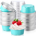 Eaasty 150 Pcs Baking Cups with Lids, 1.6 oz Muffin Cupcake Liners Aluminum Foil Mini Cake Pans Small Disposable Ramekin Flan Containers with Lids for Christmas, Birthday, Various Holiday (Light Blue)